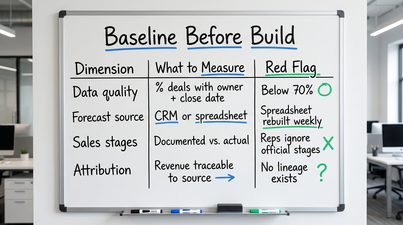 Baseline Before Build | a TABLE with columns "Dimension | What to Measure | Red Flag" and rows: "Data quality | % deals 