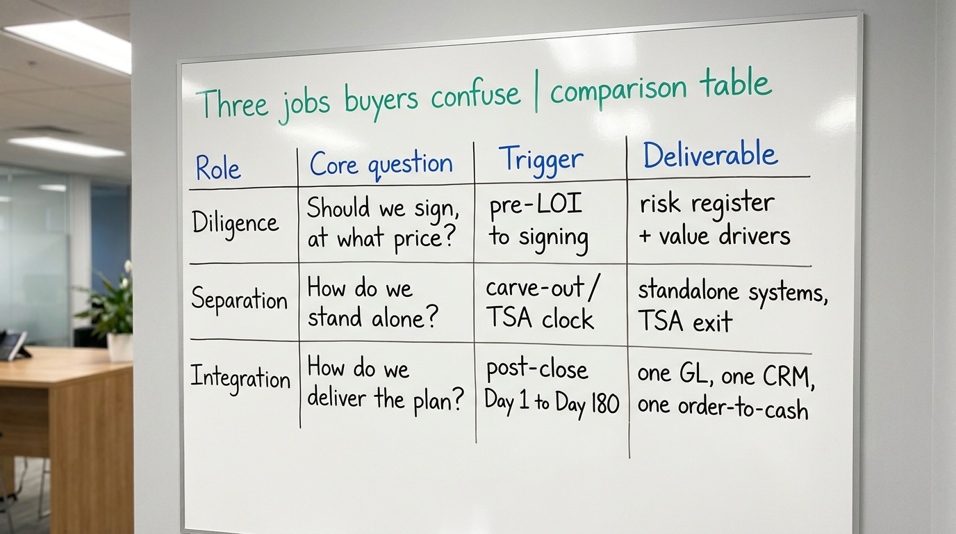Three jobs buyers confuse | comparison table with columns Role / Core question / Trigger / Deliverable. Rows: Diligence,