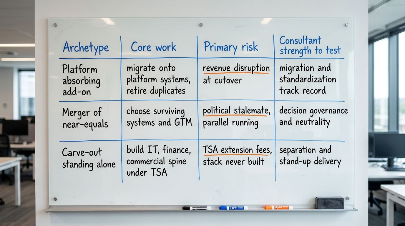 Three integration archetypes and what each needs | TABLE with columns: Archetype | Core work | Primary risk | Consultant