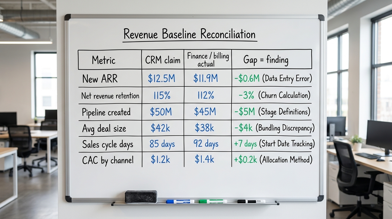 The Revenue Baseline Reconciliation | TABLE with columns "Metric | CRM claim | Finance / billing actual | Gap = finding"