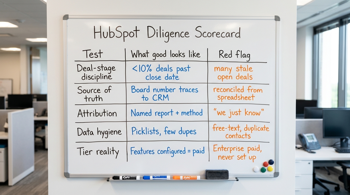 HubSpot Diligence Scorecard | a TABLE with columns "Test | What good looks like | Red flag" and rows: "Deal-stage discip