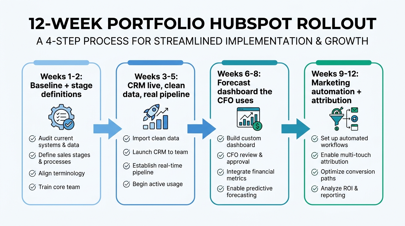 12-Week Portfolio HubSpot Rollout | a 4-step process with labels "Weeks 1-2: Baseline + stage definitions" / "Weeks 3-5: