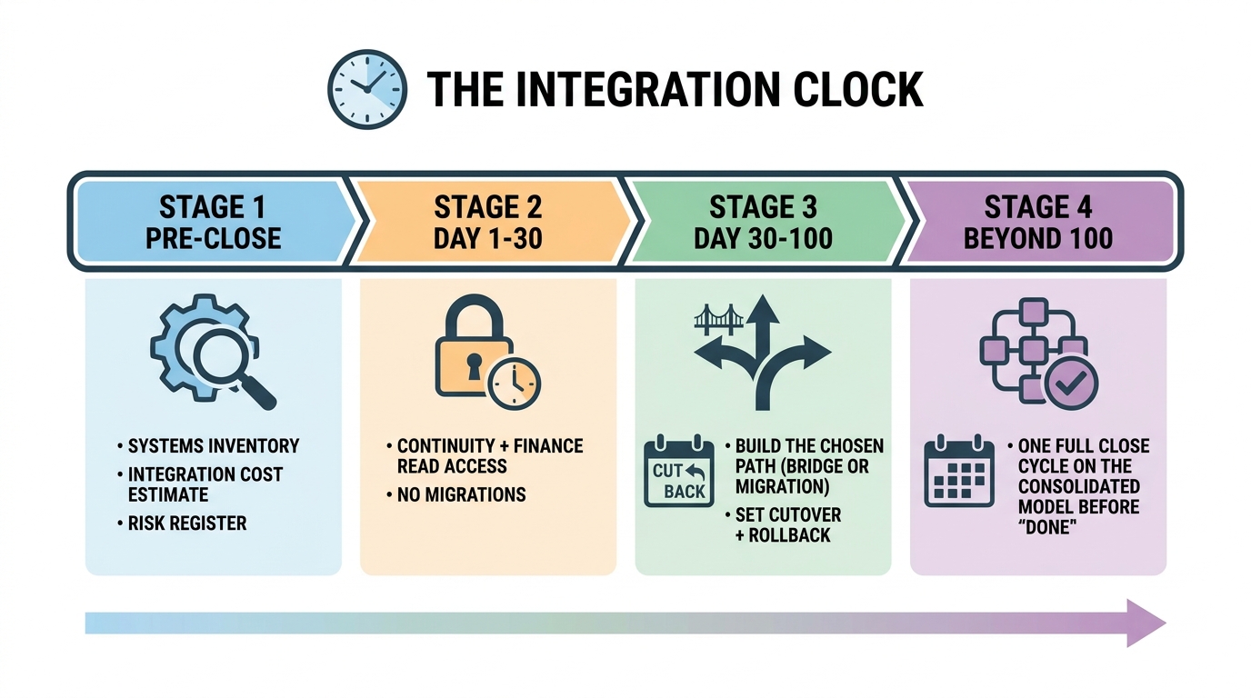 The Integration Clock | 4-stage horizontal timeline, Stage 1 Pre-close: systems inventory, integration cost estimate, ri