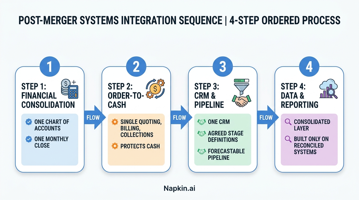 Post-merger systems integration sequence | 4-step ordered process. Step 1: Financial consolidation, one chart of account