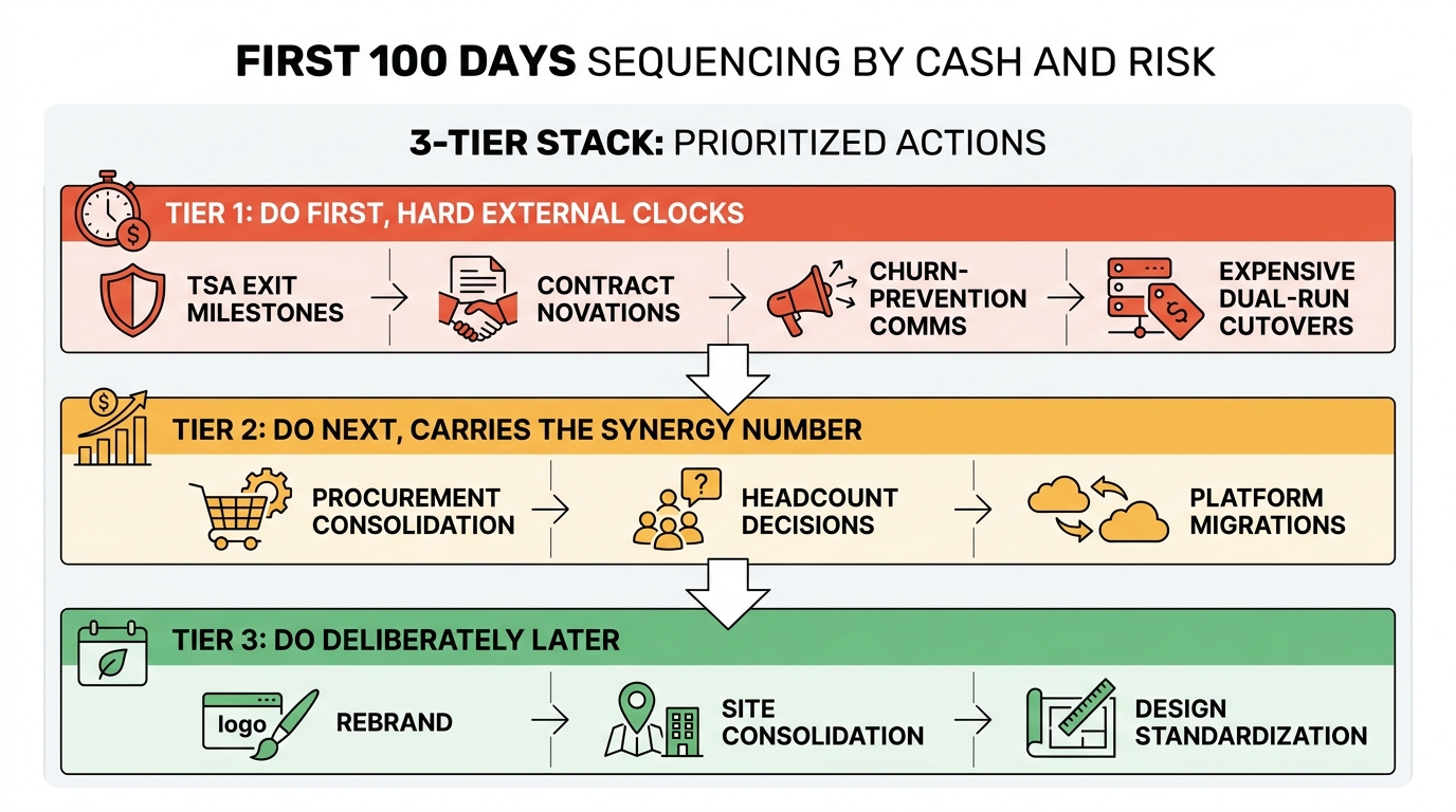 First 100 days sequencing by cash and risk | 3-tier stack. Tier 1 (Do first, hard external clocks): TSA exit milestones,