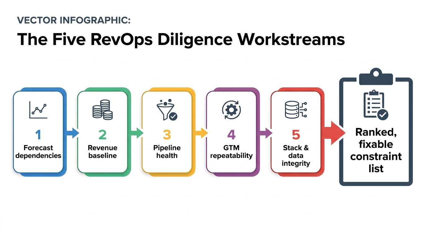 The Five RevOps Diligence Workstreams | 5-step horizontal flow with labels: 1 Forecast dependencies ยท 2 Revenue baseline