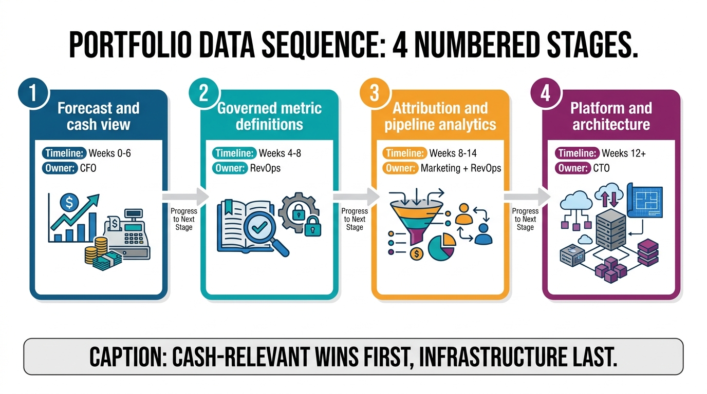 The portfolio data sequence | 4 numbered stages. 1 Forecast and cash view (weeks 0-6, owner: CFO). 2 Governed metric def