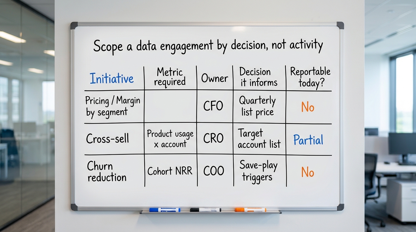 Scope a data engagement by decision, not activity | TABLE columns: Initiative | Metric required | Owner | Decision it in