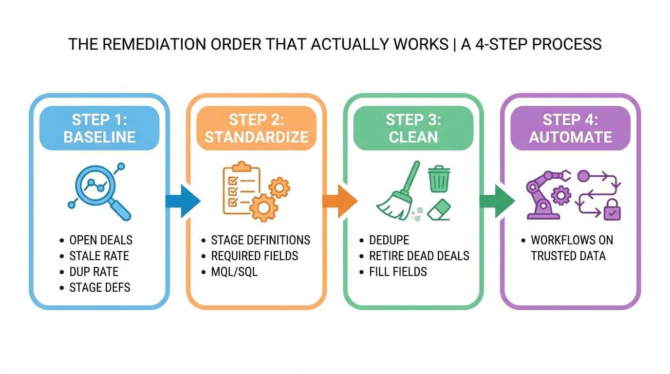 The remediation order that actually works | a 4-step process: "Step 1 Baseline (open deals, stale rate, dup rate, stage 