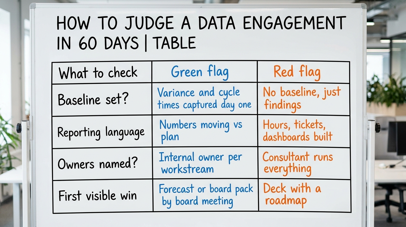How to judge a data engagement in 60 days | TABLE. Columns: What to check | Green flag | Red flag. Rows: Baseline set? (