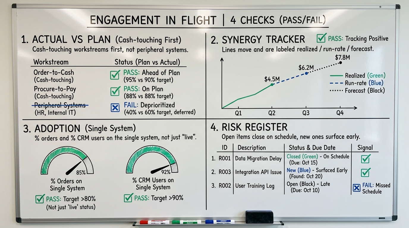 Judge the engagement in flight | 4 checks with pass/fail signals. Actual vs plan, cash-touching workstreams first, not p